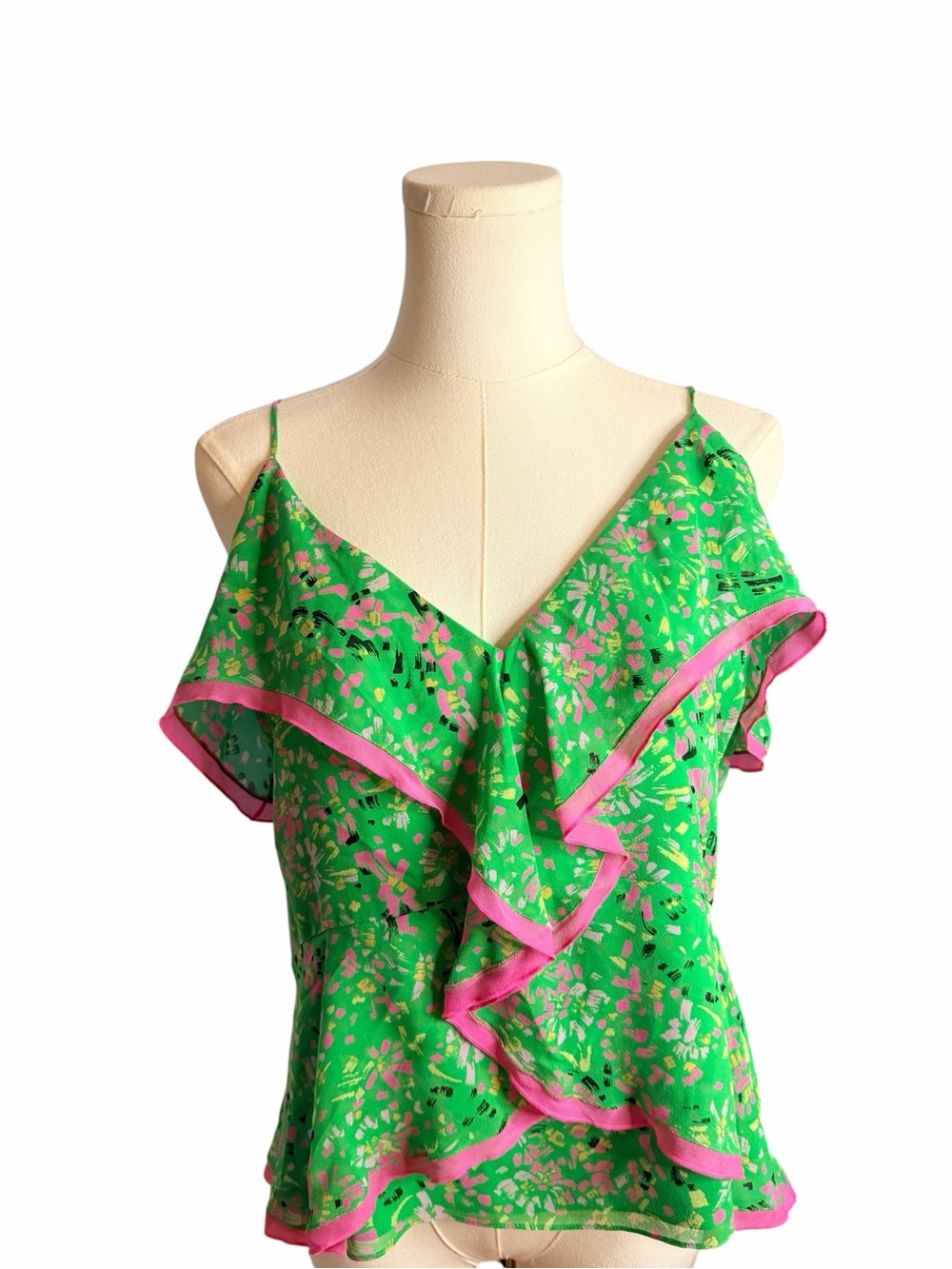 BCBGMAXAZRIA Silk Ruffle Cami Top Green Pink Floral Large Flowy